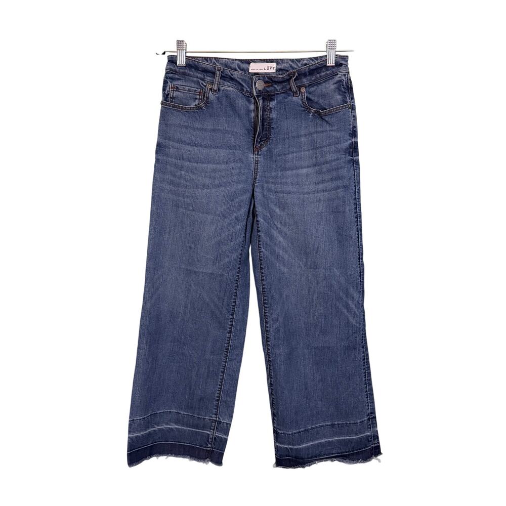 LOFT Wide Leg Crop Jeans Womens Size 2 26 Blue Denim Mid Rise Raw Hem Casual